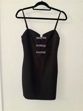 Zara Black Spaghetti-Strap Mini Dress with Rhinestone Bows